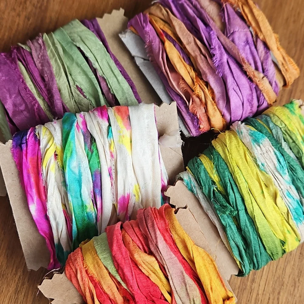 🦋 25 YARDS - SINGLE BATCHES recycled Hand Dyed Sari Silk Ribbon *read* - Picture 3 of 3